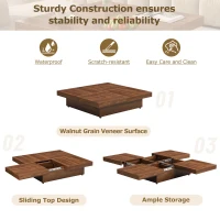Square Marble Veneer Coffee Table with Sliding Top and Storage, Modern Sofa Table with MDF Construction, 39.5" L x 39.5" W x 10" H, Walnut(m-4)