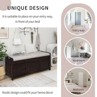 Rustic Storage Bench with Shutter-shaped Doors, Hidden Storage and Removable Cushion, 43.5" L x 16 " W x 18" H, Dark Brown(m-4)