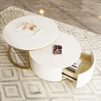 Modern Round Nesting Coffee Table Set with Fluted Design, Storage Drawer, MDF Top and Metal Base, 27.5" L x 27.5" W x 16" H, White+Gold(m-6)