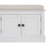 Storage Bench with 4 Doors and Adjustable Shelves, Shoe Bench with Removable Cushion for Entryway, 43" L x 16" W x 17.5" H, White(m-11)