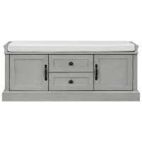 Storage Bench with 4 Doors and Adjustable Shelves, Removable Cushion for Entryway, 43" L x 16" W x 17.5" H, Gray(m-2)