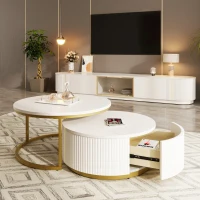 Modern Round Nesting Coffee Table Set with Fluted Design, Storage Drawer, MDF Top and Metal Base, 27.5" L x 27.5" W x 16" H, White+Gold(m-7)