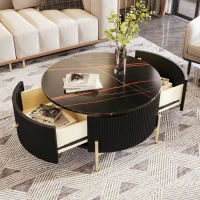 Modern Round Coffee Table with 2 Large Drawers, MDF Construction, Mrable Sofa Table with Golden Legs, 31.5" L x 31.5" W x 17" H, Black+Gold(m-11)