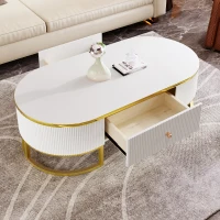 Modern High-Gloss Oval Coffee Table with Storage Drawers, Gold Lacquered Metal Base, Curved Design, 47" L x 23.5" W x 14.5" H, White+Gold(m-7)