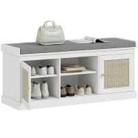 HOMCOM Shoe Bench with Padded Cushion, Boho Entryway Bench with Rattan Doors and Adjustable Shelves, Holds 9 Pairs, White(m-11)