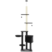 PawHut Adjustable Height Floor-To-Ceiling Vertical Cat Tree with Carpet Platforms, Condo & Rope Scratching Areas, Dark Grey(m-1)