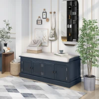 Storage Bench with 4 Doors and Comfortable Seating, Adjustable Shelves and Removable Cushion for Entryway, 43" L x 16" W x 17.5" H, Antique Navy(m-1)