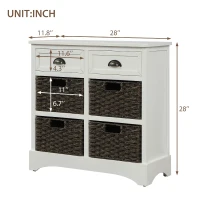Rustic Storage Cabinet with Two Drawers and Four Rattan Baskets, Modern Farmhouse Style, Acacia Wood Frame, 28" L x 12" W x 28" H, White(m-3)
