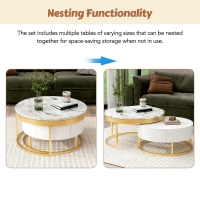 Modern Round Nesting Coffee Table with Drawers, MDF and Metal Pedestal Base, Durable Construction, 31.5" L x 31.5" W x 17" H, Gold+White(m-5)