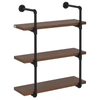 HOMCOM 3-Tier Industrial Pipe Shelves, Floating Wall Mounted Bookshelf, Metal Frame Display Rack for Living Room or Bedroom, Rustic Brown(m-1)