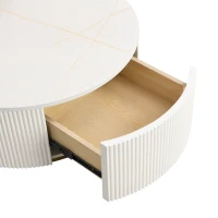 Modern Round Nesting Coffee Table Set with Fluted Design, Storage Drawer, MDF Top and Metal Base, 27.5" L x 27.5" W x 16" H, White+Gold(m-10)