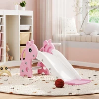 Qaba 3 in 1 Toddler Slide for Age 1-3, Kids Slide with Climber, Basketball Hoop and Ball, Giraffe Design, Pink(m-8)