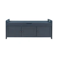 Rustic Storage Bench with Shutter-shaped Doors, Hidden Storage and Removable Cushion, 43.5" L x 16 " W x 18" H, Antique Navy(m-2)
