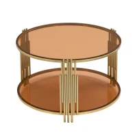 Modern Asymmetrical Coffee Table with Brown Glass Top, Circular Metal Drum Base, Lower Shelf, 31.5" L x 31.5" W x 20" H, Brown(m-11)