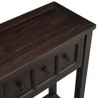 Rustic Entryway Console Table with Two Size Drawers, Bottom Shelf, Solid Timber Frame, Distressed Finish, 60" L x 11" W x 34" H, Dark Brown(m-10)