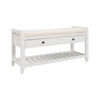 Multipurpose Entryway Storage Bench with Pine Wood Construction, Shoe Rack with Cushioned Seat and Drawers, 39" L x 14" W x 20" H, White(m-2)