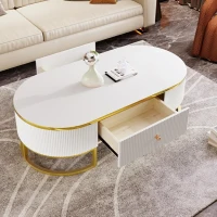 Modern High-Gloss Oval Coffee Table with Storage Drawers, Gold Lacquered Metal Base, Curved Design, 47" L x 23.5" W x 14.5" H, White+Gold(m-10)