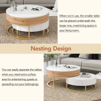 Modern Round Lift-top Nesting Coffee Tables with Hydraulic Lifting System, Space-saving Design, 31.5" L x 31.5" W x 16" H, Natural+White(m-4)