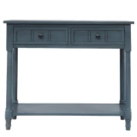 Daisy Series Console Table, Traditional Design with Two Drawers and Bottom Shelf, Pine Wood Frame, 35.5" L x 14" W x 30" H, Navy(m-2)