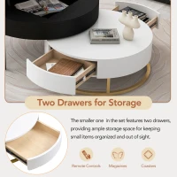 Modern Round Lift-top Nesting Coffee Tables with 2 Drawers, Space-saving Design, Storage Solutions, 31.5" L x 31.5.5" W x 22.5" H, White+Black(m-7)