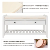 Multipurpose Entryway Storage Bench with Pine Wood Construction, Shoe Rack with Cushioned Seat and Drawers, 39" L x 14" W x 20" H, White(m-5)