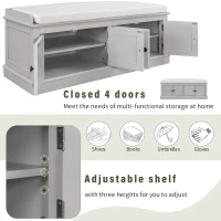 Storage Bench with 4 Doors and Adjustable Shelves, Comfortable Seating, Removable Cushion for Entryway, 43" L x 16" W x 17.5" H, Gray(m-7)