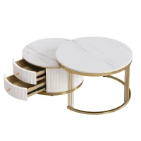 Modern Round Nesting Coffee Table Set with Drawers, MDF Top and Gold Legs, 2 Piece Set, 27.5" L x 27.5" W x 17.5" H, White+Gold(m-10)