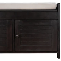 Rustic Storage Bench with Shutter-shaped Doors, Hidden Storage and Removable Cushion, 43.5" L x 16 " W x 18" H, Dark Brown(m-14)