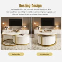 Modern Round Nesting Coffee Table Set with Fluted Design, Storage Drawer, MDF Top and Metal Base, 27.5" L x 27.5" W x 16" H, White+Gold(m-4)