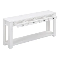 Rustic Chic Console Table with 4 Storage Drawers, Bottom Shelf, Solid Wood Frame, Ideal for Entryway, Hallway, 63" L x 14" W x 30" H, White(m-8)