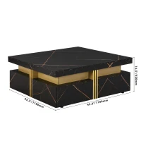 Modern Square Storage Coffee Table with 4 Functional Drawers, MDF Construction, Gold Accents, 43.5" L x 43.5" W x 16.5" H, Black+Gold(m-3)