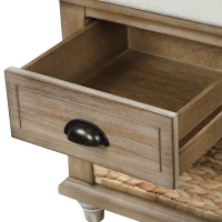 Rustic Storage Bench with 3 Drawers and Rattan Baskets, Acacia Wood Shoe Bench for Entryway, 42" L x 15.5" W x 19" H, White+Wood(m-10)