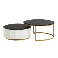 Modern Round Nesting Coffee Table Set with Storage Drawer, MDF Top and Metal Base, Fluted Design, 27.5" L x 27.5" W x 16" H, Black+Gold(m-11)