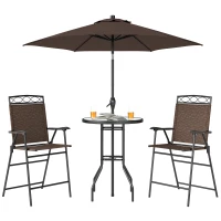 Outsunny 4 Piece Outdoor Bar Set with Umbrella, Patio Dining Set with 2 Folding Chairs, Wave Textured Tempered Glass Table for Backyard, Garden, Deck, Poolside, Brown(m-11)