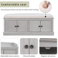 Storage Bench with 4 Doors and Adjustable Shelves, Comfortable Seating, Removable Cushion for Entryway, 43" L x 16" W x 17.5" H, Gray(m-6)