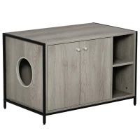 PawHut Large Wooden & Steel Cat Litter Box Enclosure, Kitten Washroom End Table, Indoor Hidden Cat House with Magnetic Doors & Storage Shelves, Gray(m-1)