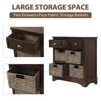 Rustic Storage Cabinet with Two Drawers and Four Rattan Baskets, Modern Farmhouse Style, Acacia Wood Frame, 28" L x 12" W x 28" H, Brown(m-6)