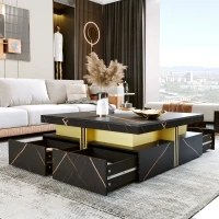 Modern Square Storage Coffee Table with 4 Functional Drawers, MDF Construction, Gold Accents, 43.5" L x 43.5" W x 16.5" H, Black+Gold(m-10)