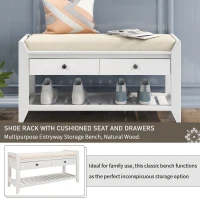 Multipurpose Entryway Storage Bench with Pine Wood Construction, Shoe Rack with Cushioned Seat and Drawers, 39" L x 14" W x 20" H, White(m-4)