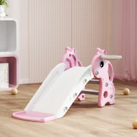 Qaba 3 in 1 Toddler Slide for Age 1-3, Kids Slide with Climber, Basketball Hoop and Ball, Giraffe Design, Pink(m-10)