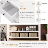 Mid-Century Retro Console Table with 2 Open Shelves, 3 Drawers, Pine Solid Wood Frame, Circular Handles, 50" L x 16" W x 30" H, White(m-5)