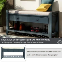 Shoe Rack with Cushioned Seat and Drawers, Pine Wood Frame, Multipurpose Entryway Storage Bench, 39" L x 14" W x 20" H, Antique Navy(m-4)