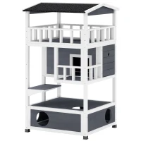 PawHut Wooden Outdoor Cat House, Feral Cat Shelter Kitten Condo with Asphalt Roof, Escape Doors, Condo, Jumping Platform, Gray(m-11)