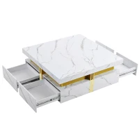 Modern Square Storage Coffee Table with 4 Drawers, MDF Construction, Ample Storage with Four Drawers, 43.5" L x 43.5" W x 16.5" H, White(m-13)