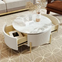 Modern Round Coffee Table with 2 Large Drawers, MDF Construction and Golden Legs, 31.5" L x 31.5" W x 17" H, Gold+White(m-5)