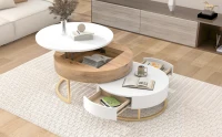 Modern Round Lift-top Nesting Coffee Tables with Hydraulic Lifting System, Space-saving Design, 31.5" L x 31.5" W x 16" H, Natural+White(m-10)