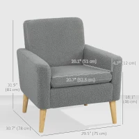 HOMCOM Fabric Accent Chair, Modern Upholstered Armchair with Wood Legs and Wide Padded Seat, Grey(m-3)