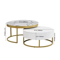 Modern Round Nesting Coffee Table with Drawers, MDF and Metal Pedestal Base, Durable Construction, 31.5" L x 31.5" W x 17" H, Gold+White(m-3)