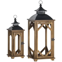 HOMCOM 2 Pack 31"/21" Large Rustic Lantern Decorations, Hanging Wooden Metal Indoor Covered Outdoor Lantern for Home Decor (No Glass), Black and Dark Wood Color(m-1)