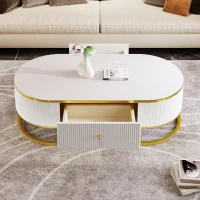 Modern High-Gloss Oval Coffee Table with Storage Drawers, Gold Lacquered Metal Base, Curved Design, 47" L x 23.5" W x 14.5" H, White+Gold(m-6)